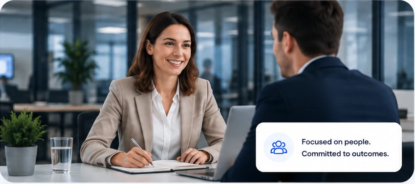Recruitment consultant discussing a hiring brief with a client